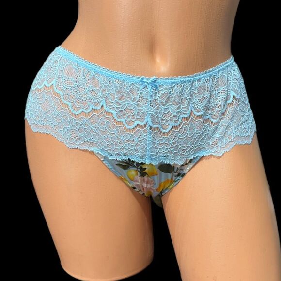 Victorias Secret Dream Angels Wide Side Lace Satiny Thong panty blue lemons S - Picture 2 of 4